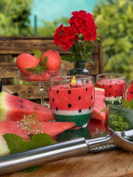 🍉 Свічка &laquo;Солодкий кавун&raquo; у скляному стаканчику 111377062 фото